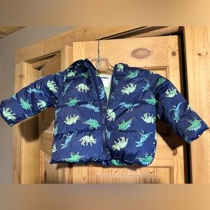 Old Navy Navy Puffer Jacket with Green and Teal Dinosaur Print